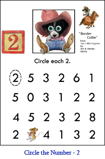 Circle the Number Worksheet  Two (2) with Border-Dollie puppy art and a “2” number block from the children’s book, Ten Little Puppies.